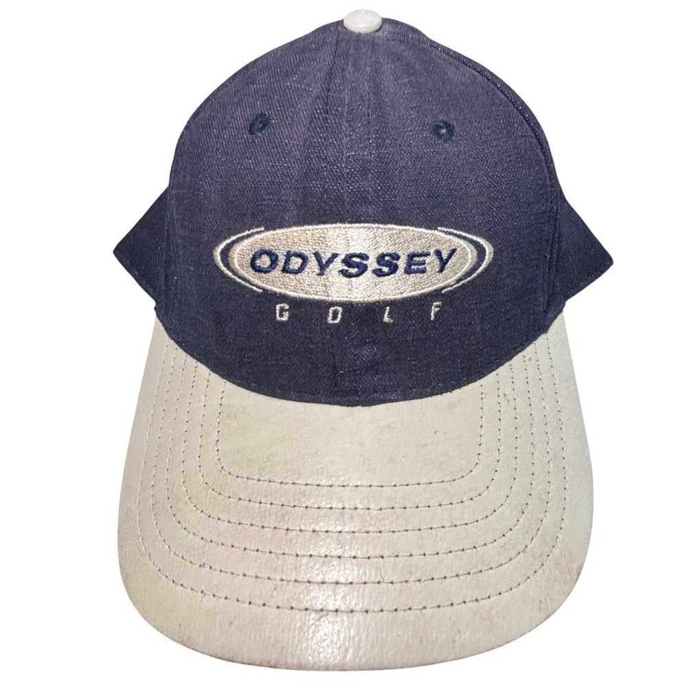 Vintage Odyssey Golf Hat Navy Blue Cream Strapback Cap Made in USA Logo Mens